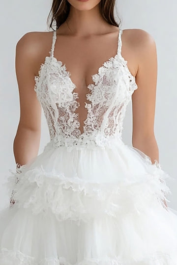 White A Line Lace Graduation Dress With Tulle